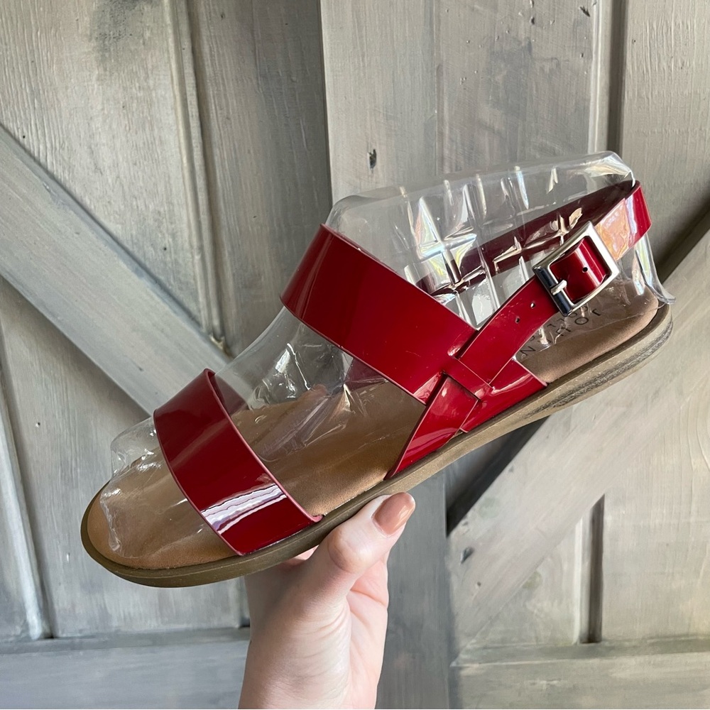 NEW Red Patent Ankle Strap Flat Sandals Women's Open‎ Toe Casual Summer Shoes 10